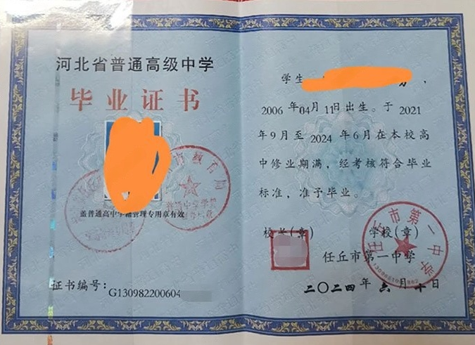 锦州任丘市第一中学高中毕业证样本图片